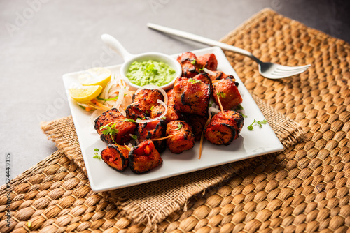 Tandoori Soya Chaap or soy chap dish prepared by marinating in tandoori spices, closeup view