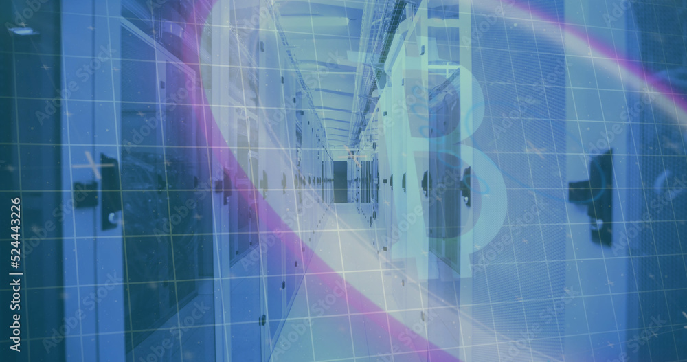 Image of scope scanning and data processing over computer servers and grid in background Image of scope scanning and data processing over computer servers and grid in background