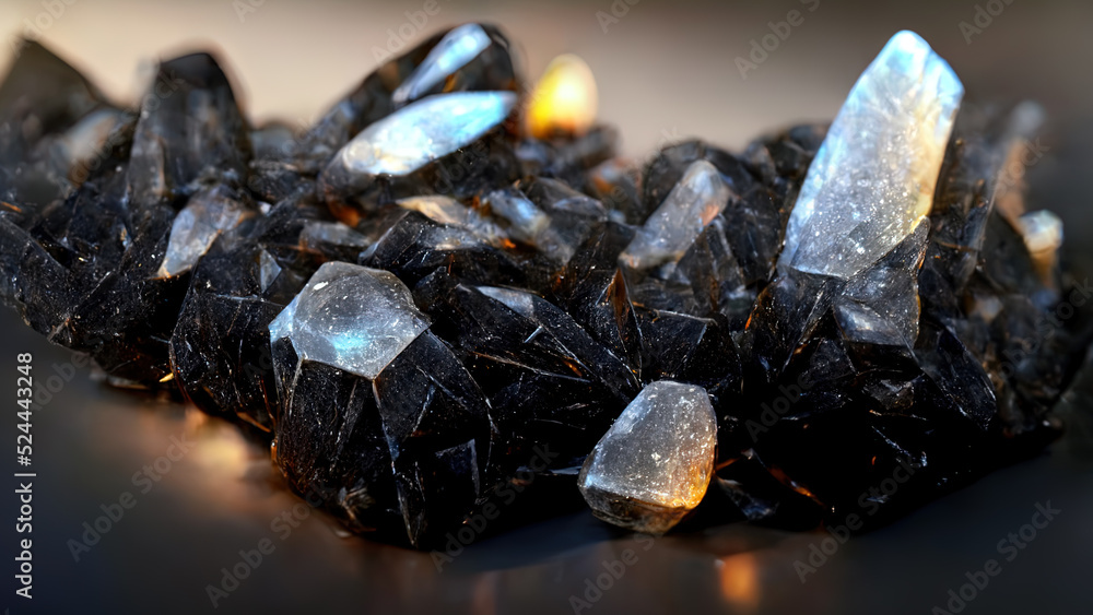 Black crystals with gold and blue sparkles. Precious stones. Beautiful background. Hi tech. AI.