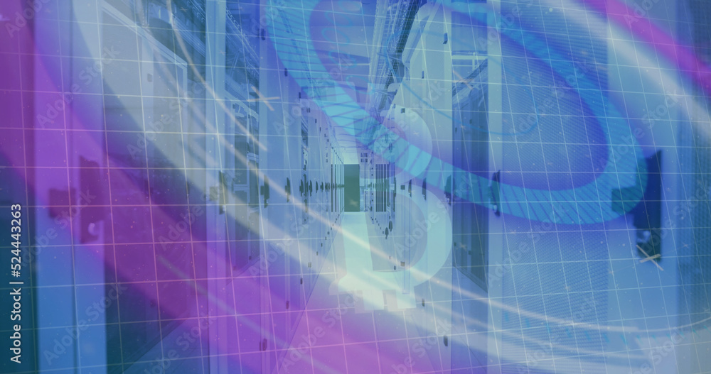 Image of scope scanning and data processing over computer servers and grid in background Image of scope scanning and data processing over computer servers and grid in background