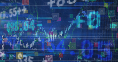 Image of stock market, icons and financial data processing over blue background