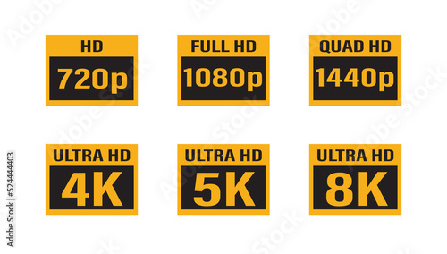 Display resolution Icon set, Set of video dimensions SD, HD, FHD, 4K, 6K, 8K.