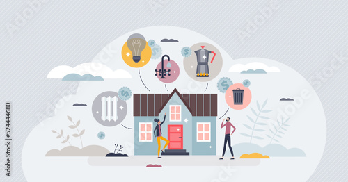 Utilities and household heating or electricity expenses tiny person concept. Garbage management, gas and water supply cost increasing vector illustration. Energy resources consumption for family home.