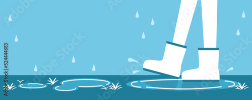 Legs kid wearing white boots walking in blue puddle water rain flat vector design.