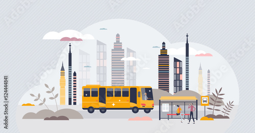 Public transportation with vehicles and city stations tiny person concept. Street view with modern shuttle bus and mobility options in urban environment vector illustration. Infrastructure with routes