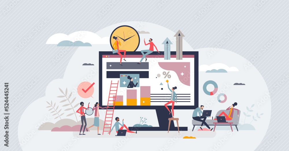 Hybrid workforce with distant employees and flexible job tiny person concept. Business model with outsourcing colleagues for remote online tasks vector illustration. Efficient project management. - obrazy, fototapety, plakaty 