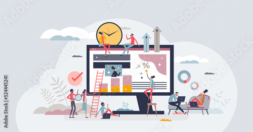 Hybrid workforce with distant employees and flexible job tiny person concept. Business model with outsourcing colleagues for remote online tasks vector illustration. Efficient project management. photo
