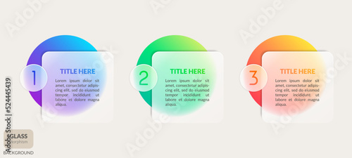 Three steps. Infographic. Web page template. Banner. Background glass morphism design