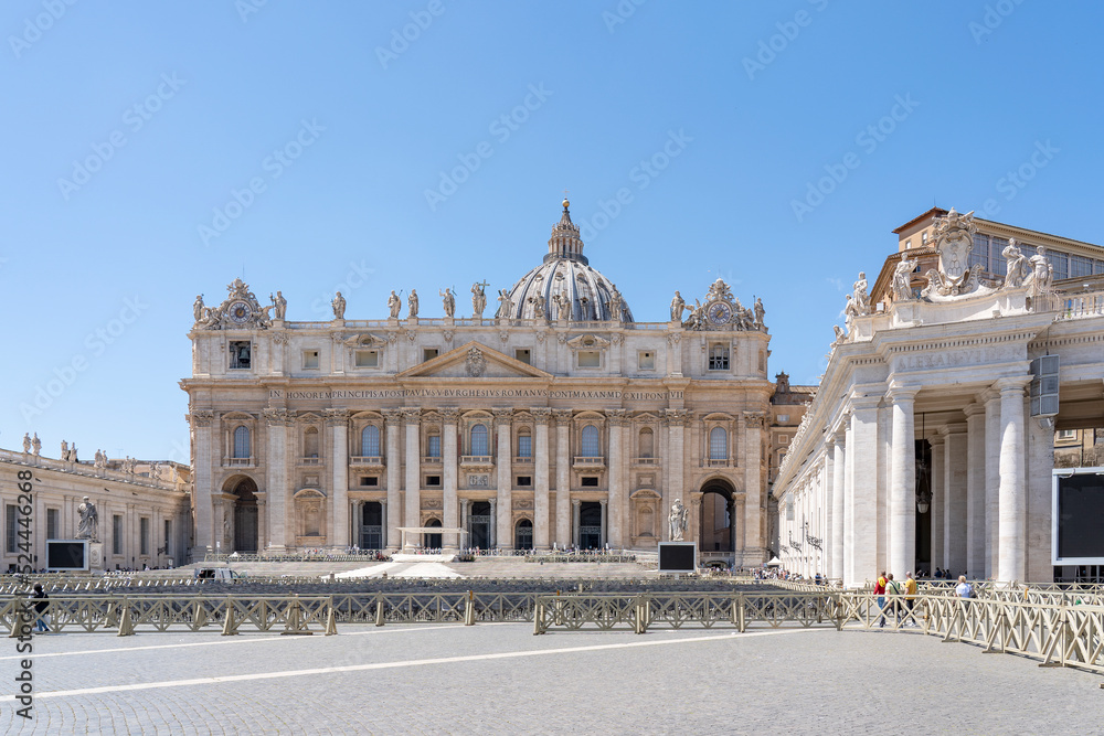View from a sunny St. Peter's Square in Rome on the St. Peter's Basilica
