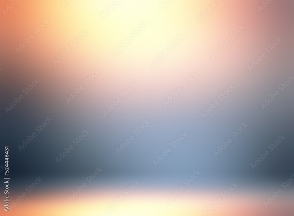 Bright light from top illuminated blue empty room. Blur background 3d render. Polished surface of wall and floor.