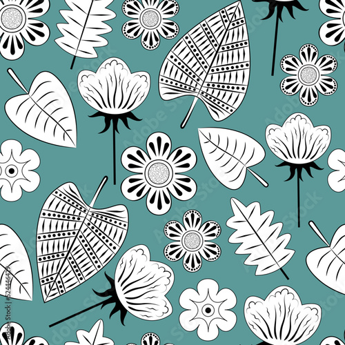 Wallpaper Mural Seamless pattern of flowers and leaves on a dark green background. Vector illustration. Torontodigital.ca