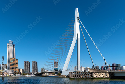 City of Rotterdam. Erasmus Bridge over River. Travel to Netherlands.