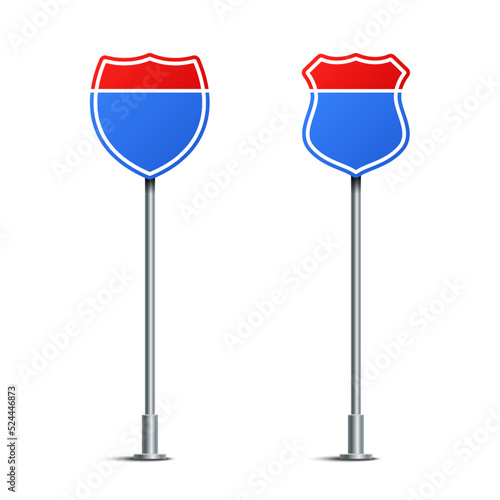 Vector illustration of interstate highway road signs isolated on white background. Set of traffic signs. Collection of realistic blank traffic control signs on metal poles. 
