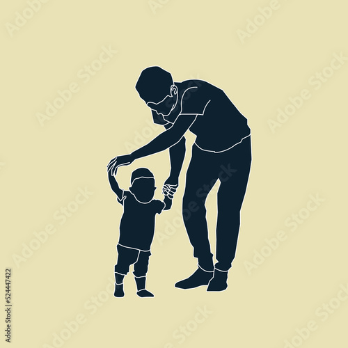 Young father teaching baby to walk in silhouette illustration. Baby making first steps