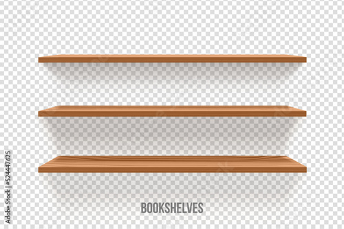 Vector set of wooden shelves isolated on wall