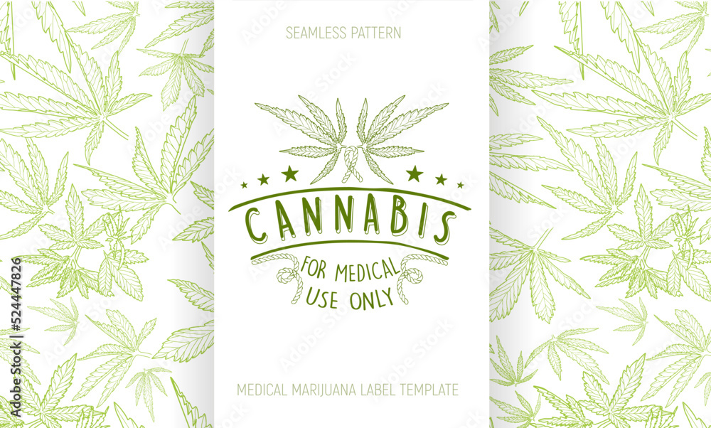 Cannabis emblem, medical marijuana label template with seamless pattern.