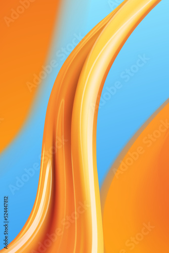 Caramel sauce decor. Realistic brown sugar syrup twirls, isolated on blue background
