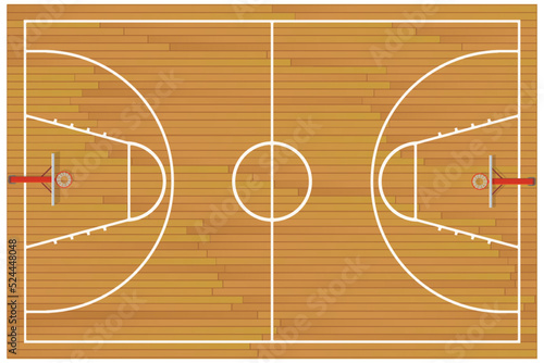 Basketball court on wooden parquet top view (cut out)