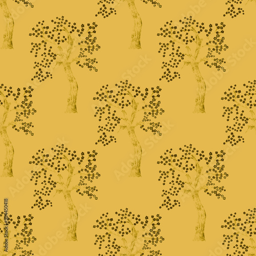 Watercolor seamless pattern with blooming spring trees. Hand drawn abstract l...