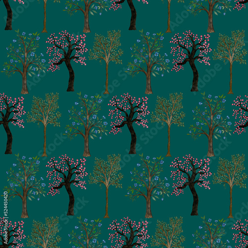 Watercolor seamless pattern with blooming spring trees. Hand drawn abstract l...