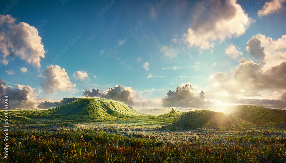 Obraz premium Beautiful Valley in the morning with blue sky background, Digital Painting technic.
