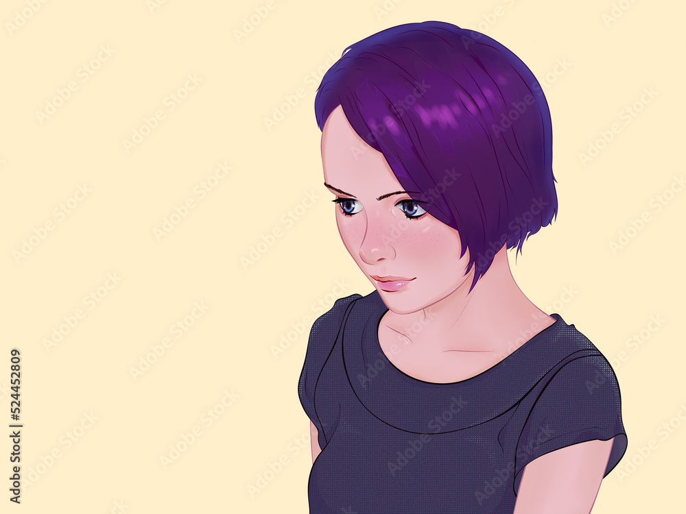 Drawing portrait of young woman with purple hair with thoughtful look on beige background Drawing portrait of young woman with purple hair with thoughtful look on beige background