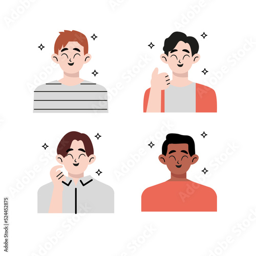 Happy positive person with good emotions. Grateful, thankful, blissful, delighted, dreamy, interested and emotionless indifferent men set. Flat vector illustration isolated on white background