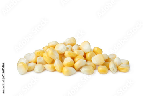 Pile of tasty fresh corn kernels on white background