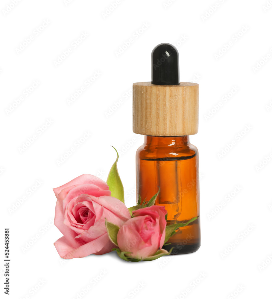Bottle of essential rose oil and flowers against white background Bottle of essential rose oil and flowers against white background