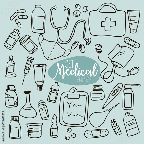 A set with medical equipment and preparations in the style of hand sketches. Contour drawing of medical instruments and medicinal products. For printing on packaging, textiles, banner, flyer, icon.