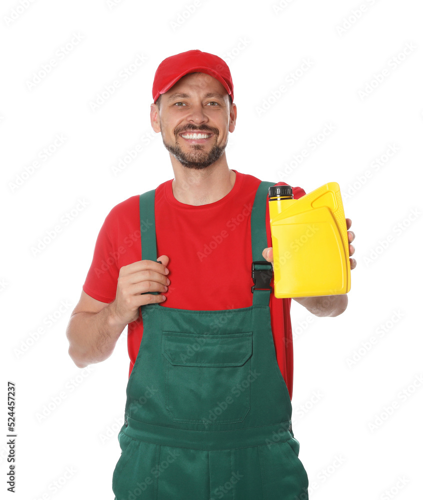 Man showing yellow container of motor oil on white background Man showing yellow container of motor oil on white background