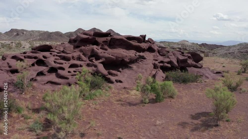 Beautiful Katutau mountains in Altyn-emel National park in Kazakhstan at bright summer day. Aerial view of unique sedimentary rocks in the wild.