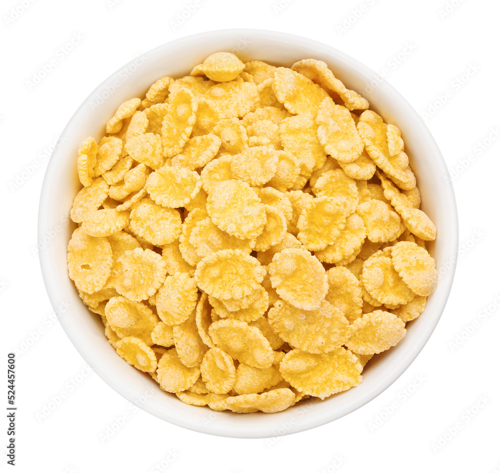Bowl of tasty corn flakes isolated on white, top view Bowl of tasty corn flakes isolated on white, top view