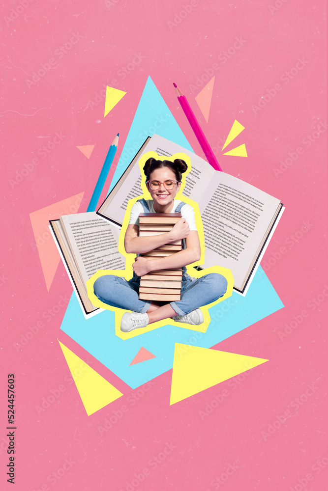 Vertical poster collage of school girl hug book wear casual cloth glasses isolated on pink drawing background Vertical poster collage of school girl hug book wear casual cloth glasses isolated on pink drawing background