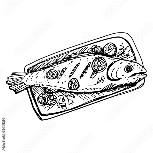 Cooked fish on a rectangular plate - hand drawn vector illustration. Sketch of a dish with fried or baked fish with lemon slices
