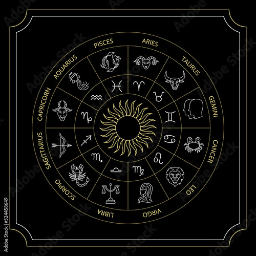 Black Zodiac Circle. Vector Thin Outline Symbols.