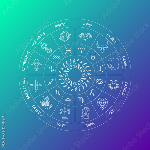 Blue Zodiac Horoscope Circle. Vector Thin Outline Symbols.