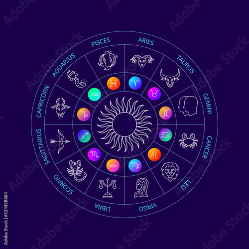 Dark Zodiac Circle. Vector Thin Outline Symbols.