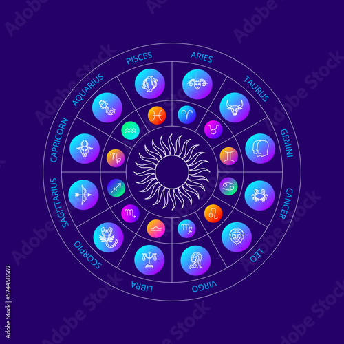 Dark Zodiac Horoscope Circle. Vector Thin Outline Symbols.