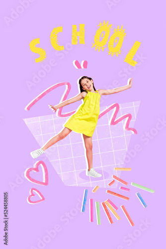 Vertical collage picture of excited positive little girl have good mood chalk painted school text isolated on creative purple background