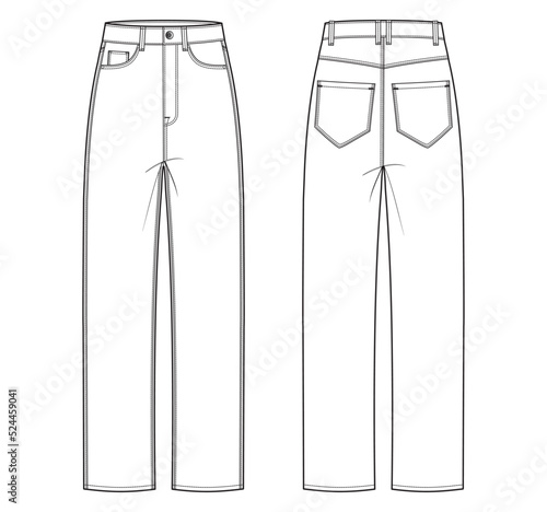 womens high rise regular jeans flat sketch vector illustration. high waisted regular cut jeans cad drawing front and back view template.