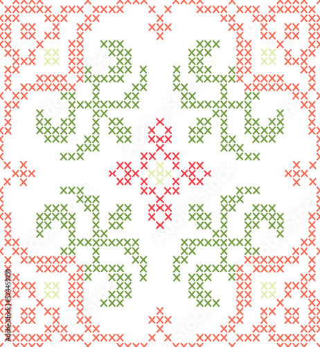 Seamless pattern with embroidery. Ukrainian embroidery. Folk arts and crafts. Vyshyvanka in red-green tones.