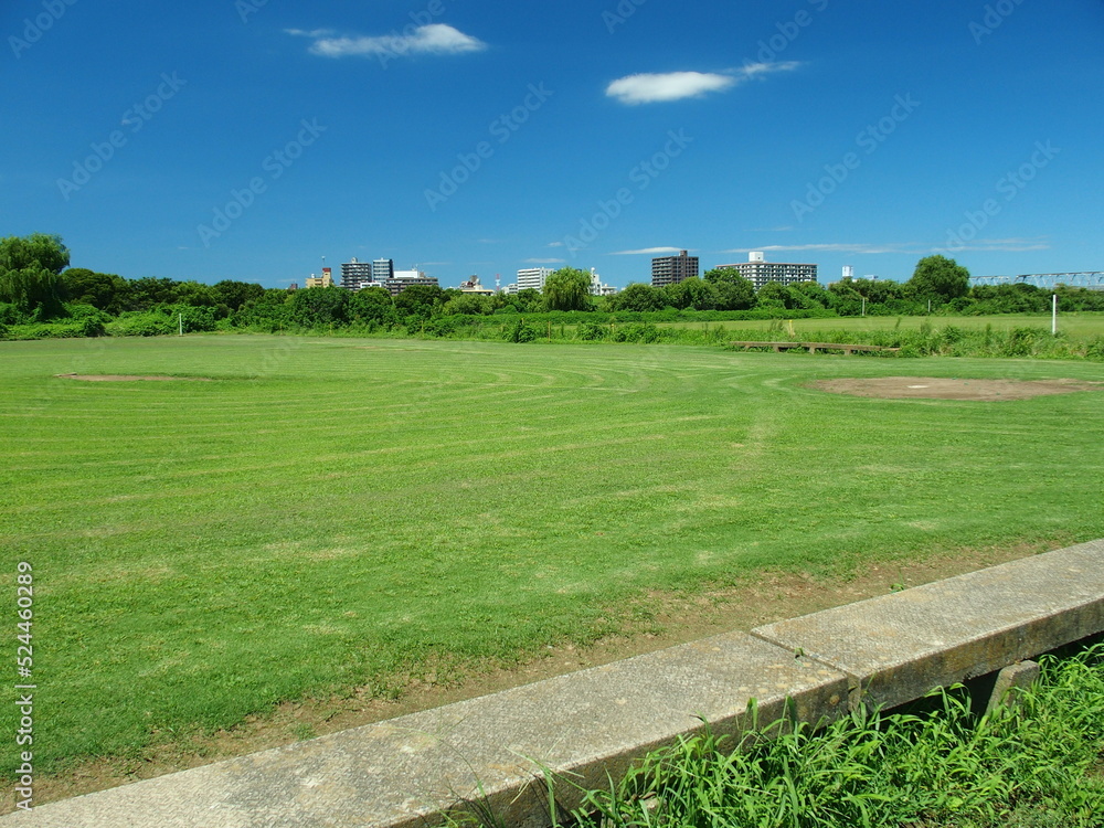 Obraz premium 江戸川河川敷の除草された跡の残る真夏の野球場風景