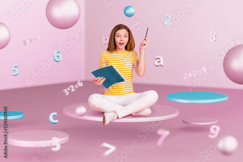 Poster collage of little girl do homework wear casual cloth isolated on drawing violet color background