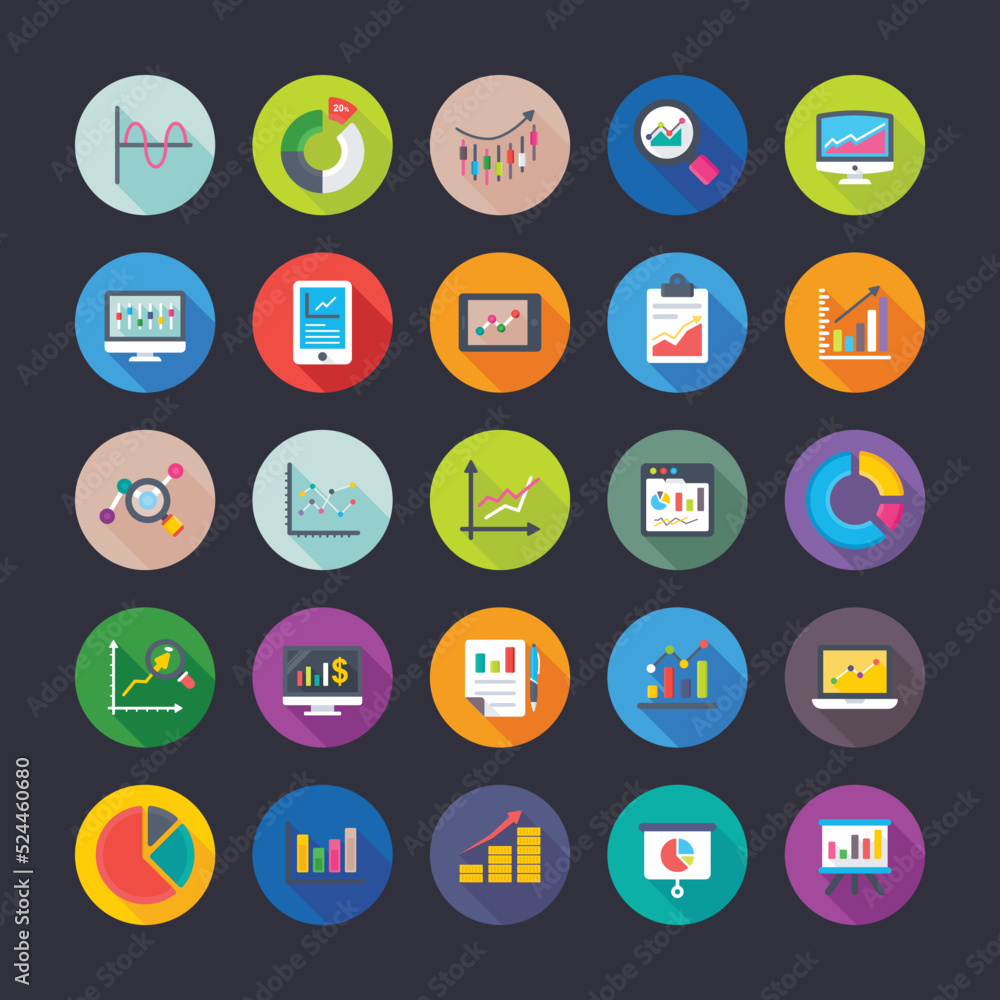 Flat Circular Icons Set of Reports and Charts

