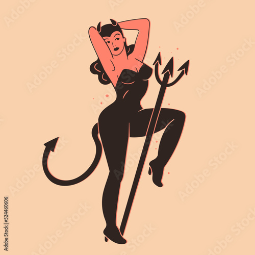 Beautiful young Devil girl with pitchfork. Silhouette of pretty woman in black outfit. Pin-up, retro style. Halloween costume concept. Hand drawn modern Vector illustration. Poster, sticker template