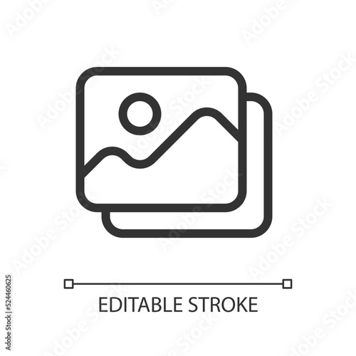 Set of pictures pixel perfect linear ui icon. Digital photo library. Multimedia management. GUI, UX design. Outline isolated user interface element for app and web. Editable stroke. Arial font used