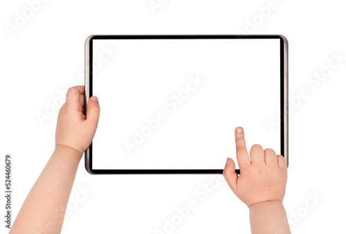 Digital tablet with blank display in child's hands isolated on white background