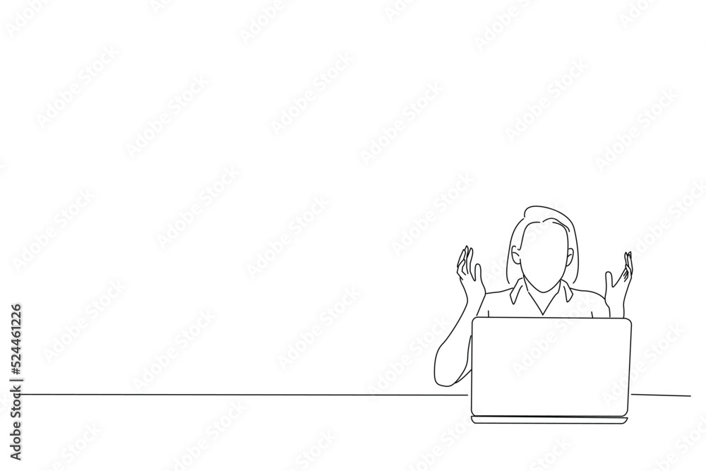 Illustration of stressed shocked businesswoman sitting at table looking stunned wide open mouth. Line art style