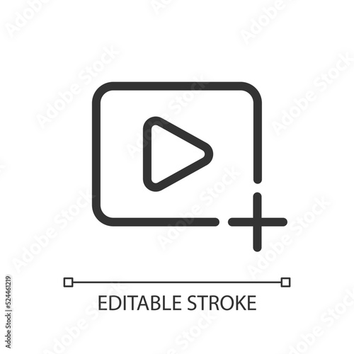 Add video file pixel perfect linear ui icon. Import visual content. Upload media file. GUI, UX design. Outline isolated user interface element for app and web. Editable stroke. Arial font used